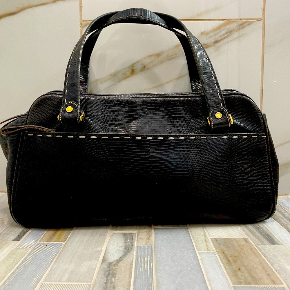 Vintage Kate Spade New York Black Snake-Embossed Leather Satchel – Made in Italy - Picture 4 of 16